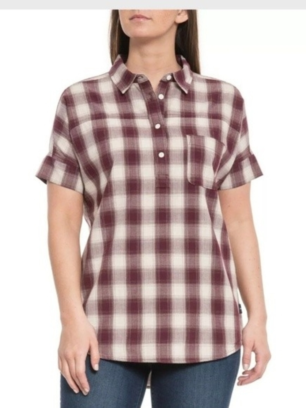 The North Face Burgundy and White Plaid Short-Sleeve Button-Down Shirt